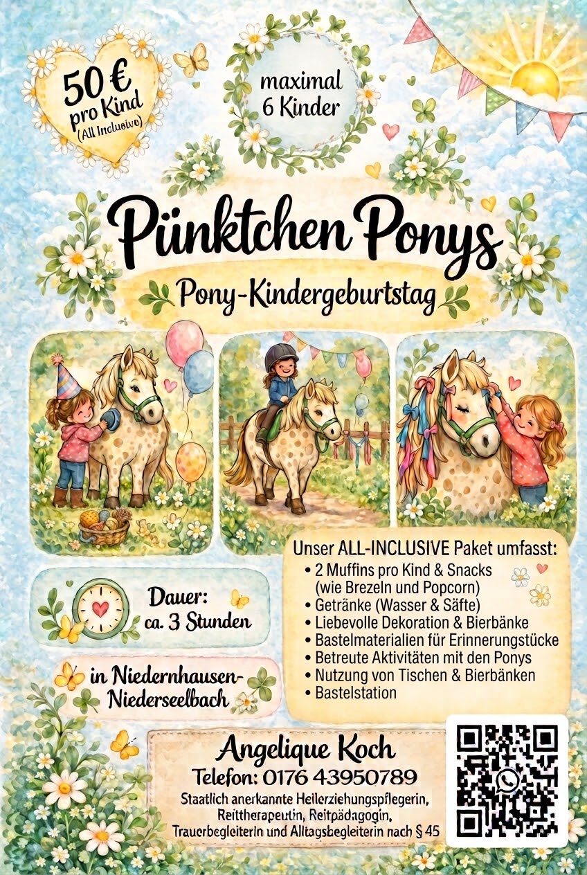 Flyer Pony-Kindergeburtstag bei Pünktchen Ponys: 50 € pro Kind All Inclusive, maximal 6 Kinder, ca. 3 Stunden, in Niedernhausen-Niederseelbach