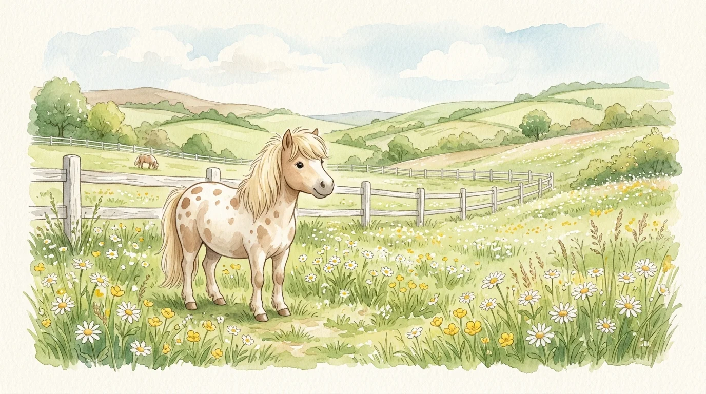 Aquarell-Illustration: gepunktetes Pony auf einer Blumenwiese mit weißem Koppelzaun
